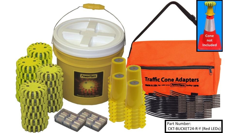 Powerflare 24-Position Cone Adapter Kit with 24-Pack Bucket of PowerFlare Lights, Red/Blue LEDs, Tan Shell CKT-BUCKET24-RB-T