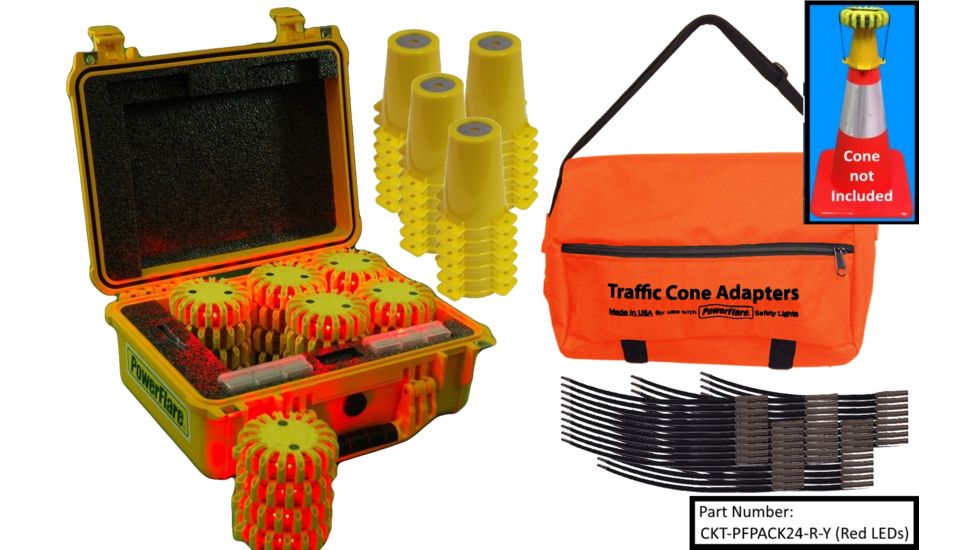 Powerflare 24-Position Cone Adapter Kit with 24-Pack Hard Case of Magnetic PowerFlare Lights, Red/Blue LEDs, Tan Shell CKT-PFPACK24M-RB-T