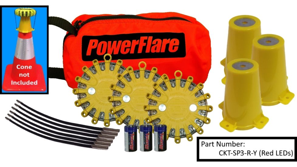 Powerflare 3-Position Cone Adapter Kit with 3-Pack Soft Pack of PowerFlare Lights, Red/Blue LEDs, Tan Shell CKT-SP3-RB-T