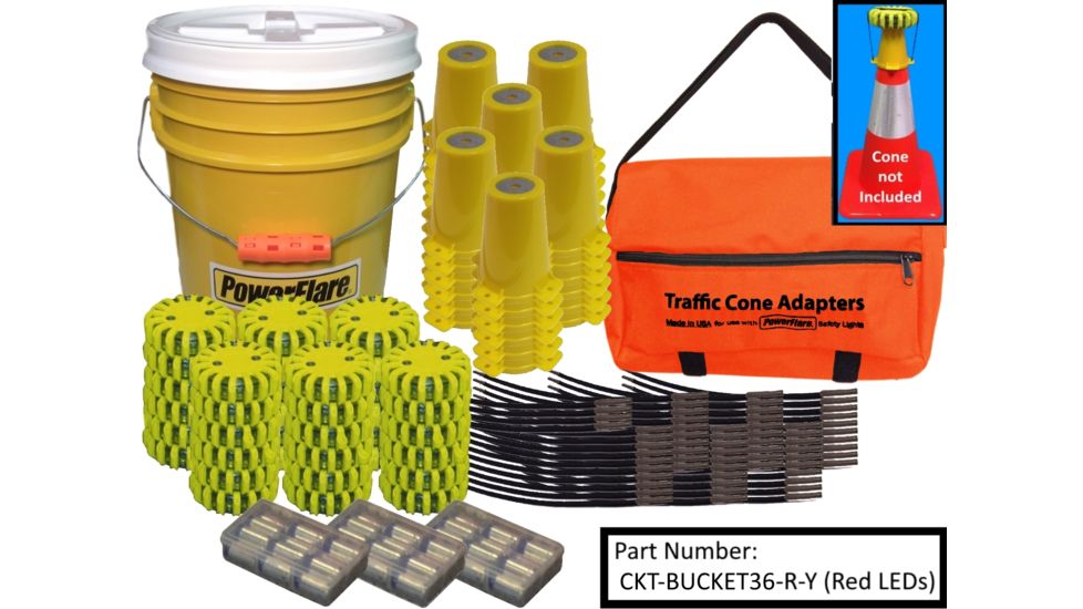 Powerflare 36-Position Cone Adapter Kit with 36-Pack Bucket of Magnetic PowerFlare Lights, Red/Blue LEDs, Tan Shell CKT-BUCKET36M-RB-T