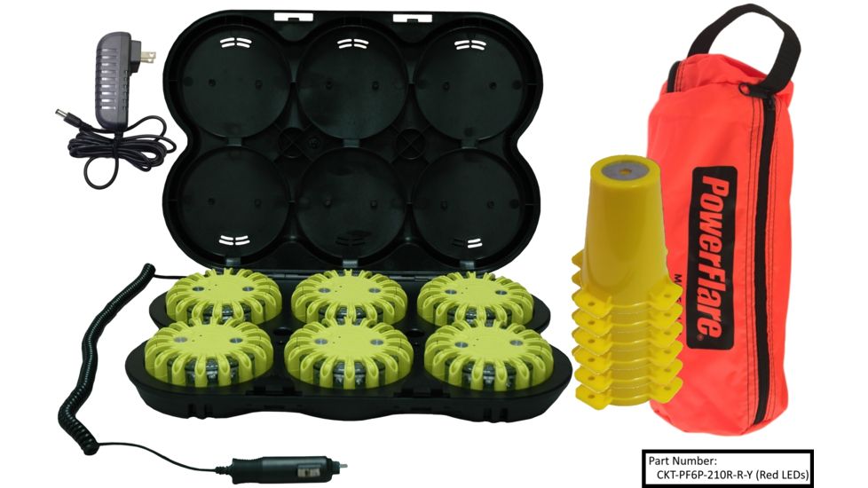 Powerflare 6-Position Cone Adapter Kit with Rechargeable 6-Pack of Magnetic PowerFlare Lights, Red/Amber LEDs, Yellow Shell CKT-PF6P-210RM-RA-Y