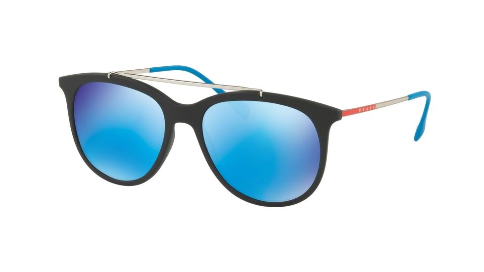 Prada PS02TS Sunglasses DG05M2-54 - Black Rubber Frame, Light Green Mirror Blue Lenses