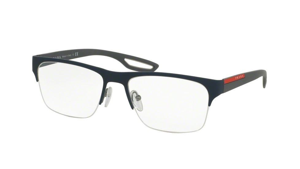 Prada PS55FV Progressive Prescription Eyeglasses TFY1O1-56 - Top Blue Rubber On Gunmetal Frame