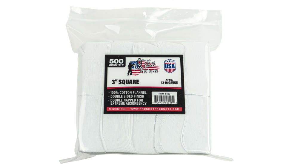 Pro-Shot Cotton Flannel Patches, 12-16 Gauge, 3 in, White, 500, 3-500