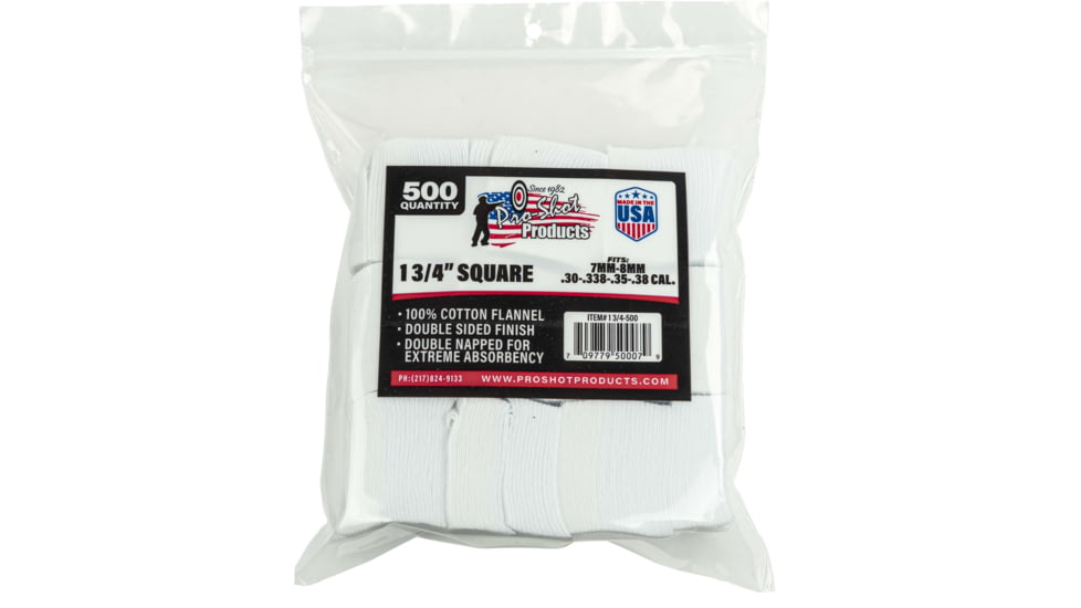 Pro-Shot Cotton Flannel Patches 7mm-.38/6mm Benchrest 1.75 Inch Square 500 Per Bag