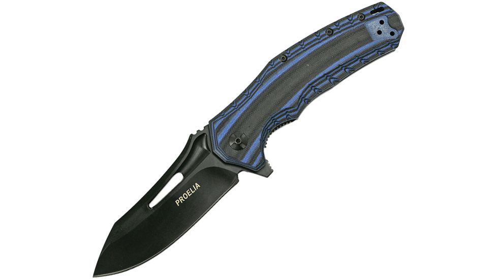 Proelia Linerlock Blue/Black Folding Knife,3.75in,Black D2 Tool Steel,Drop Point,Blue and Black,G10 Handle TX020BLBK