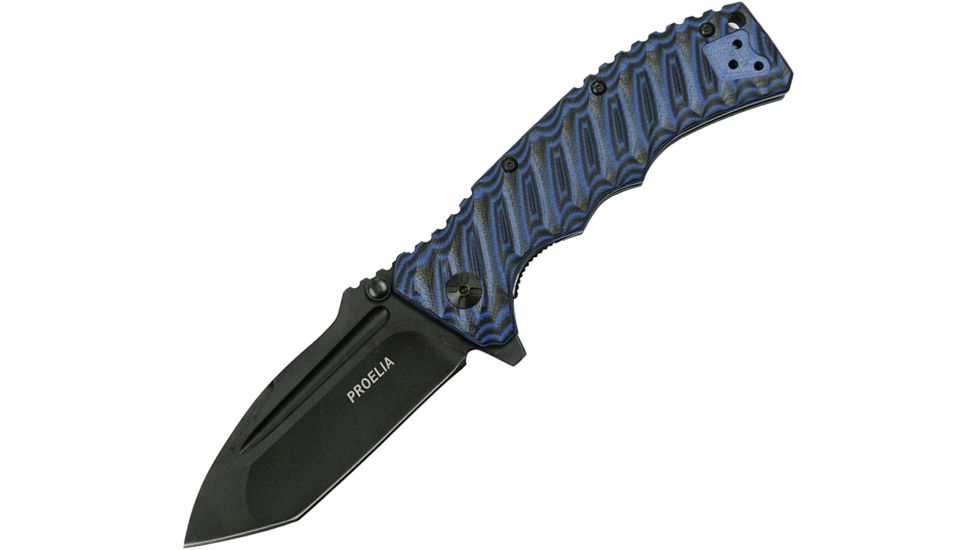 Proelia Linerlock Blue/Black Folding Knife,3.75in,Black D2 Tool Steel,Tanto,Blue and Black,G10 Handle TX010BLBK