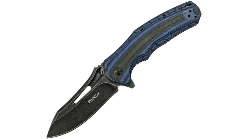 Proelia Linerlock Blue/Black Folding Knife,3.75in,Black Stonewash D2 Tool Steel,Drop Point,Blue and Black,G10 Handle TX020BLB