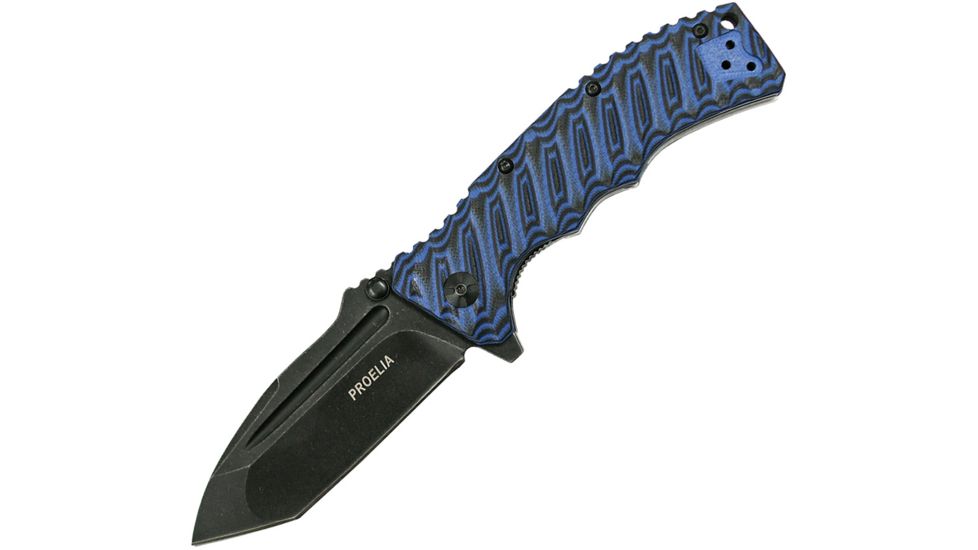 Proelia Linerlock Blue/Black Folding Knife,3.75in,Black Stonewash D2 Tool Steel,Tanto,Blue and Black,G10 Handle TX010BLB