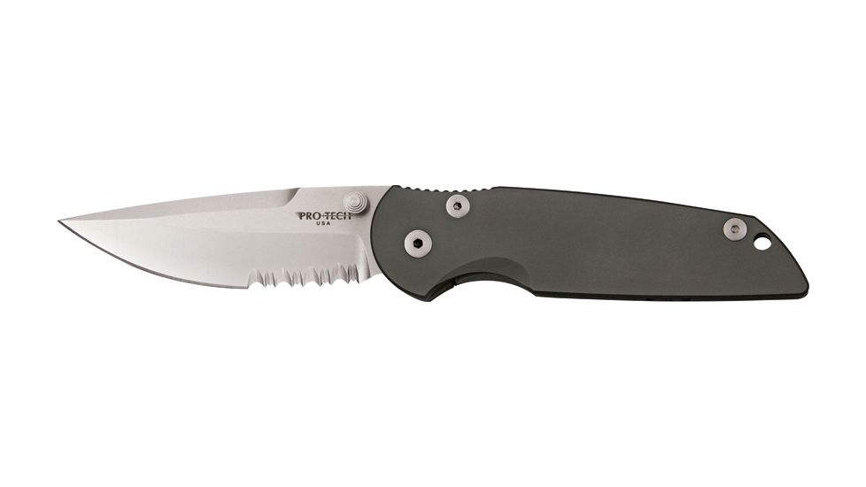 Protech Integrity, partially serrated two tone stonewash and satin fi, Solid titanium handle PTK7702