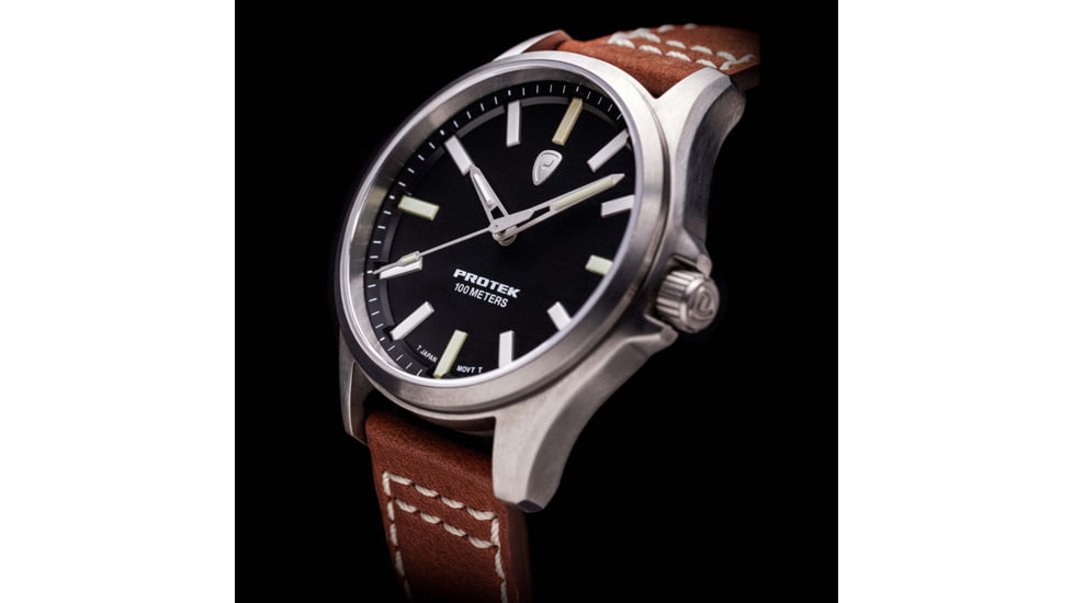 ProTek Titanium Field Watch, Titanium Case/Black Dial/Dark Tan Strap, One Size, PT3001