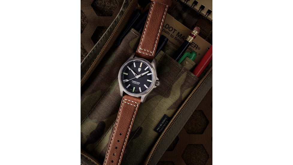 ProTek Titanium Field Watch, Titanium Case/Black Dial/Dark Tan Strap, One Size, PT3001