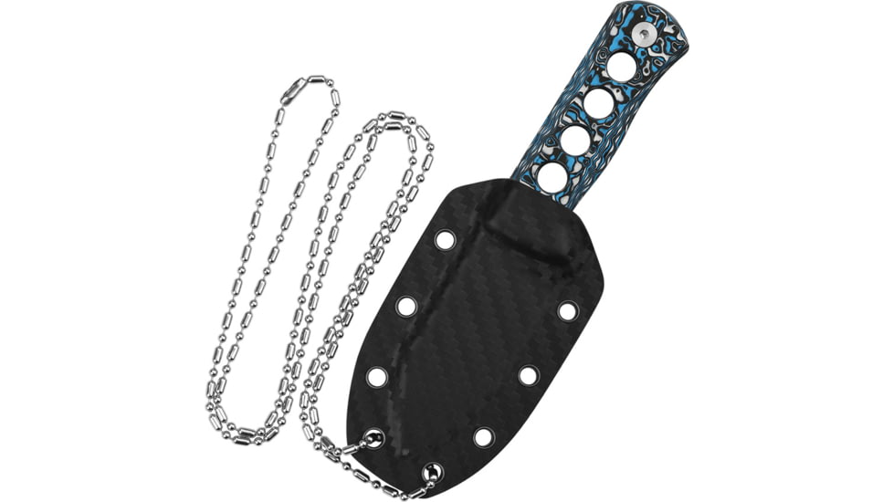 QSP Knife Canary Copper Dam Black Neck Knife, 5.25in Overall, 2.5in Copper Damascus Steel Blade, Black/White/Blue Carbon Fiber Handle, Black Kydex Neck Sheath, QS141-G