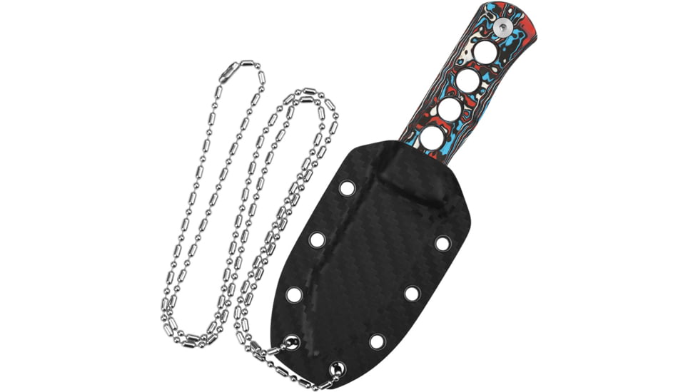 QSP Knife Canary Damascus Neck Knife, 5.25in Overall, 2.5in Damascus Steel Blade, Red/White/Blue Carbon Fiber Handle, Black Kydex Neck Sheath, QS141-J