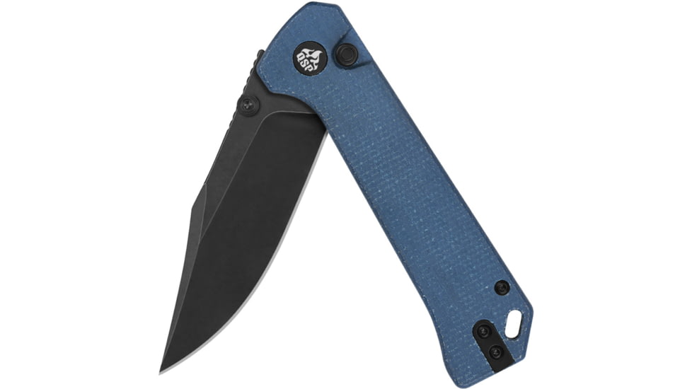 QSP Knife Grebe Folding Knife, 4.25in Closed, 3in Black Stonewash 14C28N Sandvik SS Clip Point Blade, Blue Micarta Handle, QS147B2