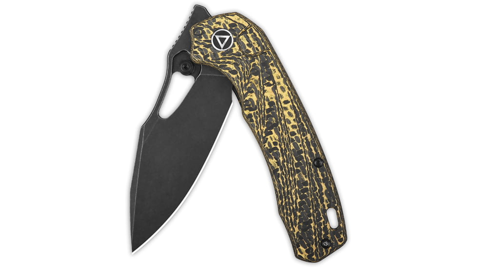 QSP Knife Hornbill Folding Knife, 4.25in Closed, 3.25in Black Stonewash S35VN Stainless Steel Blade, Golden Carbon Fiber Handle, QS146-A2