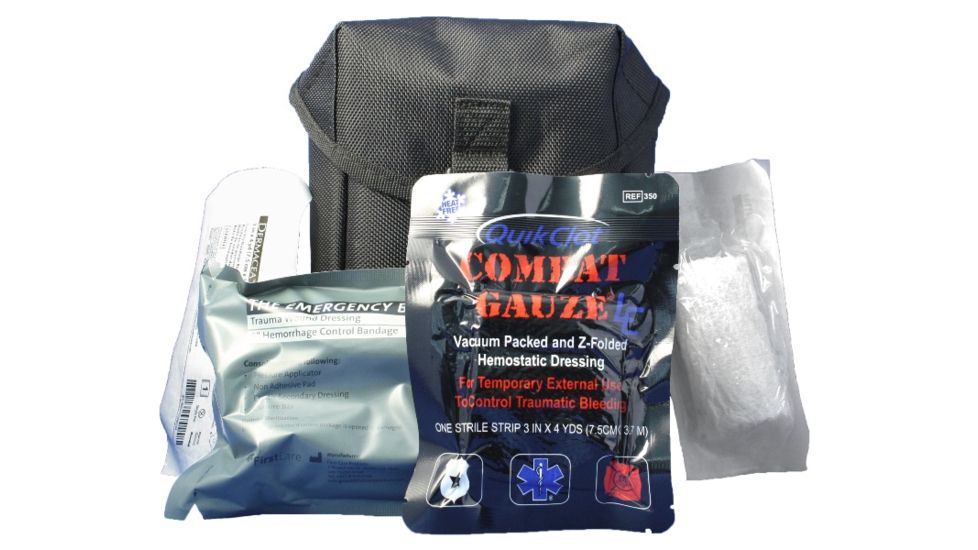 QuikClot TraumaPak, QC Combat Gauze LE No.350, Bandage, and 2 HVG bandages