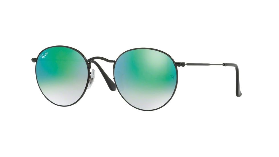 Ray-Ban Round Metal Sunglasses - Men's, Shiny Black Frame, Mirror Gradient Green 53 mm Lenses, RB3447-002-4J-53