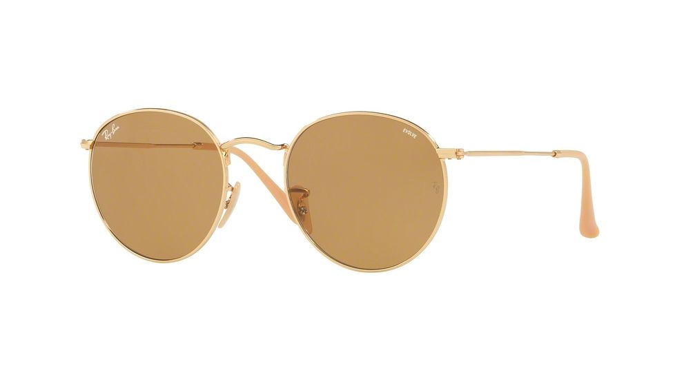 Ray-Ban Round Metal Sunglasses - Men's, Gold Frame, Brown 50 mm Lenses, RB3447-90644I-50
