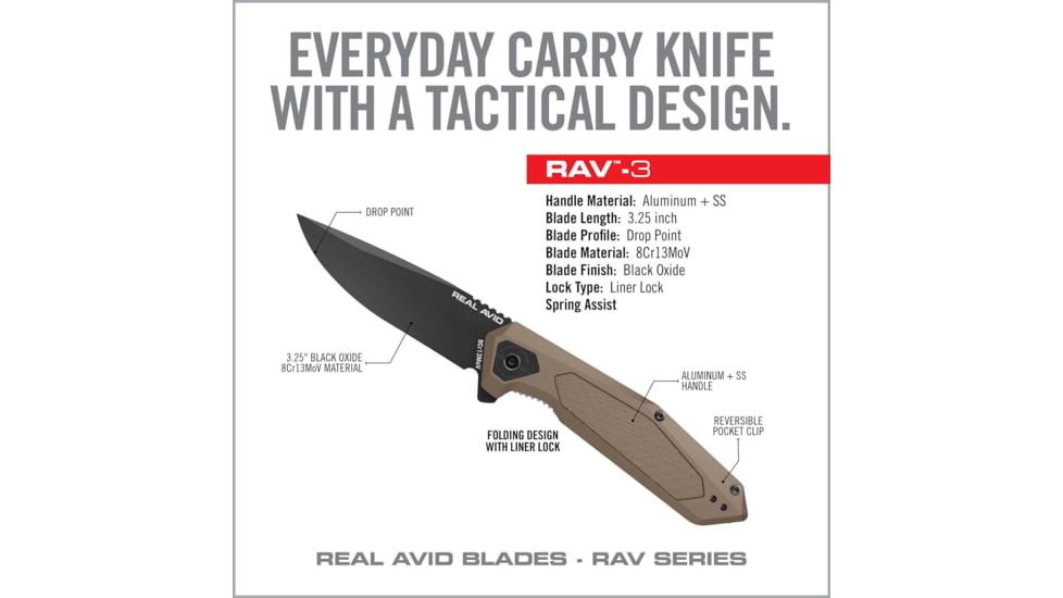 Real Avid Rav-3 Assisted Opening Folding Knife, 3.25 in Blade, Stainless Steel, AVRAV3