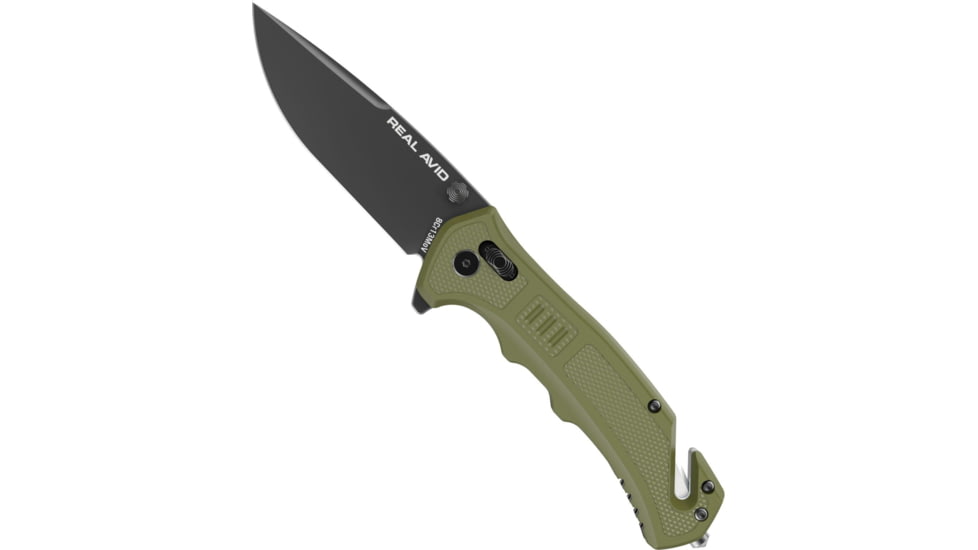 Real Avid RAV-4 Folding Knife, 3.25in, 8Cr13MoV, Black Oxide Drop Point Plain Blade, Black/Green GFN Handle, AVRAV4