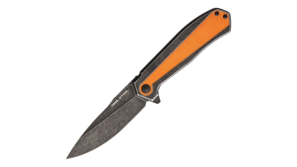 Real Steel T109 Flying Shark Folding Knife, 4in Black Stonewash 14C28N Sandvik SS Drop Point, Black Stonewash 3Cr13 SS Handle, Pocket Clip, Orange G10 Handle Inlay, Black, 7822