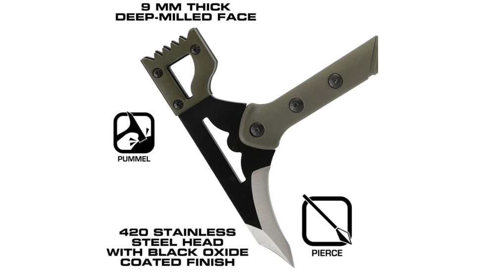 Reapr Battle Hammer, 15.75in Overall, 8in Black Oxide 420 Stainless Axe Head w/ 3.25in Cutting Edge, OD Green Nylon Handle, Ballistic Cloth Belt Sheath, 11050