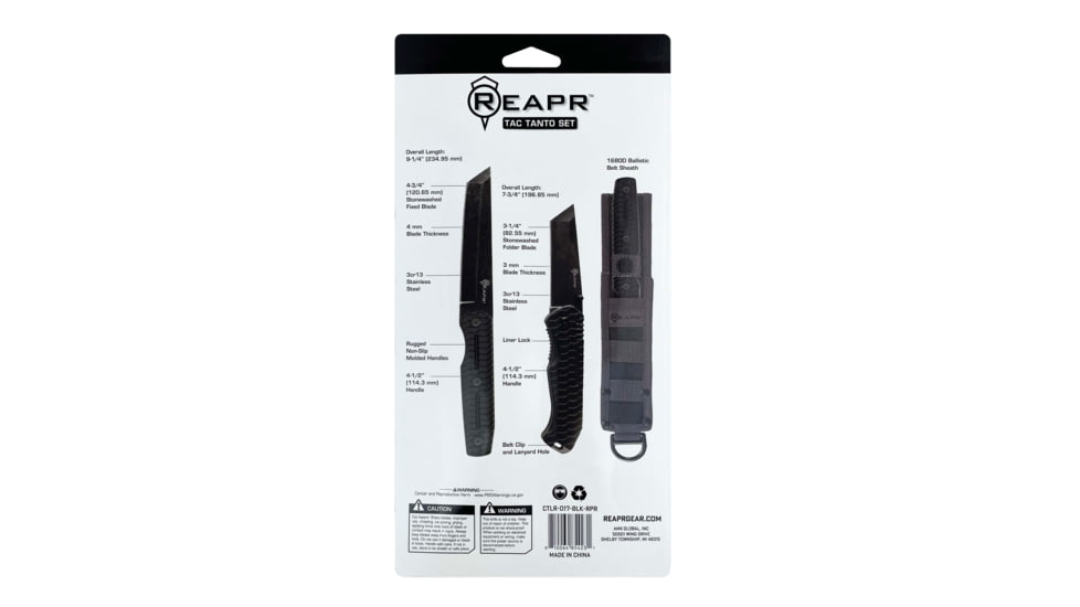 Reapr Tac Tanto Set Fixed Blade Knife, Fixed 4.75, Folding 3.25in, 3Cr13 Stainless Steel, Black, Black, CTLR-017-BLK-RPR