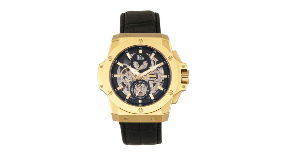 Reign Commodus Automatic Skeleton Leather-Band Watch, Gold/Black, One Size, REIRN4004
