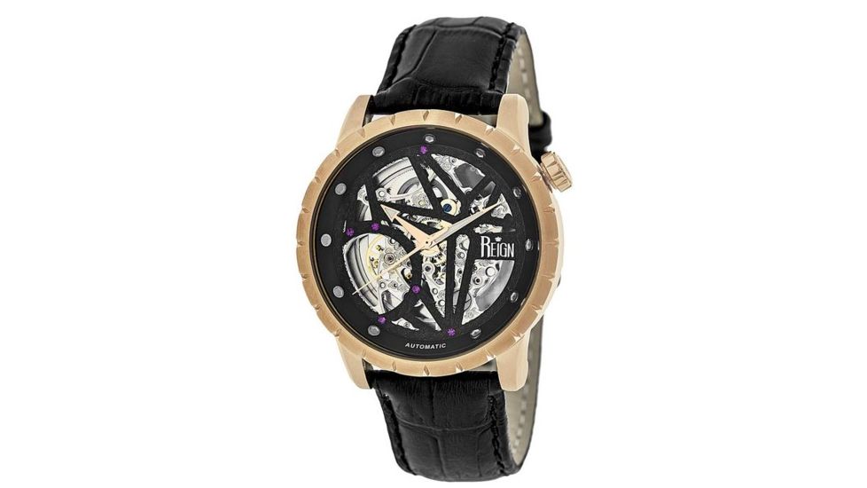 Reign Mens Xavier Automatic Skeleton Dial Crocodile-Embossed Leather Strap Watch Rose Gold Bezel, Rose Gold/Circle-shaped Case, Black/analog Dial, Rose Gold Hands REIRN3906