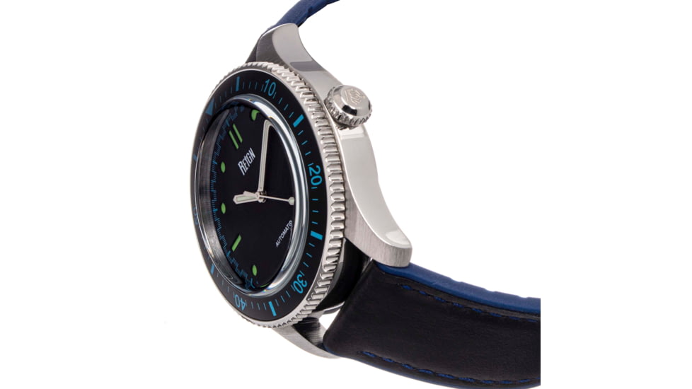 Reign Reign Elijah Automatic Rubber Inlaid Leather-Band Watch W/Date, Black/Blue, One Size, REIRN6501
