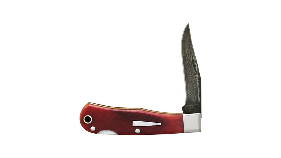 Remington 2014 The Forrester Jr. Damascus Bullet Knife Blade 2.75 Inches Closed 3.625 Inches Auburn Bone Handle With Bullet Shield