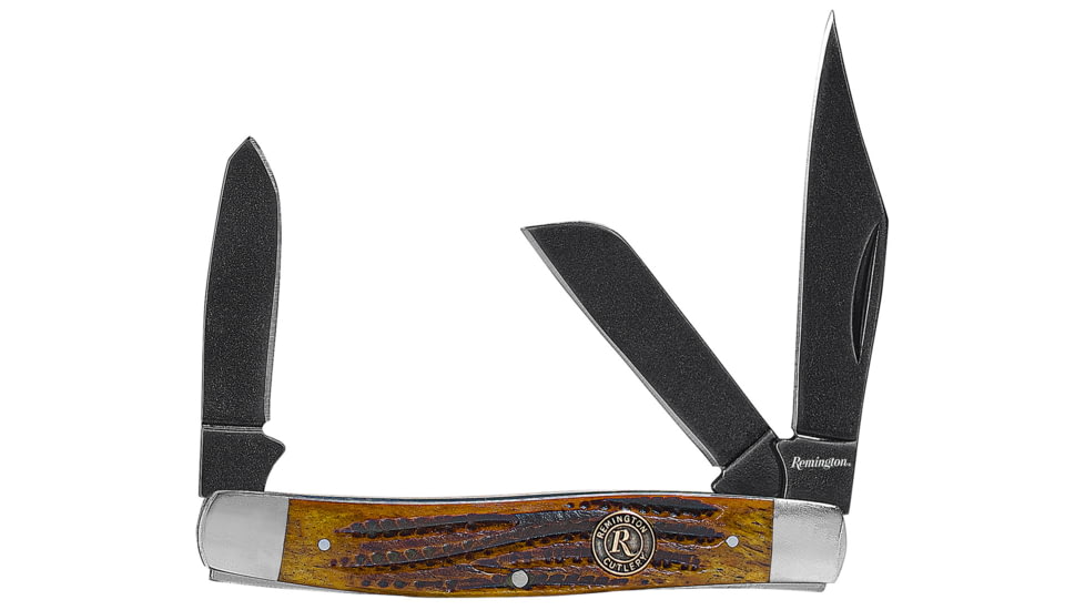 Remington Cutlery Back Woods Stockman Folding Knife, 4in Closed Length, Stone-Washed Steel Blade, Bone Handle, 15645