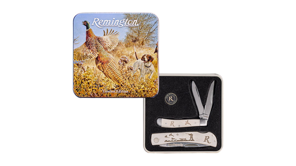 Remington Tin Collector 2-Knife Gift Set Folding Knife, Pheasant Tin Collector Gift Set, 2.75in Closed Peanut w/ Clip And Pen Blades, 3.5in Closed Lockback, Handles Feature Etched Hunting Scene 15684