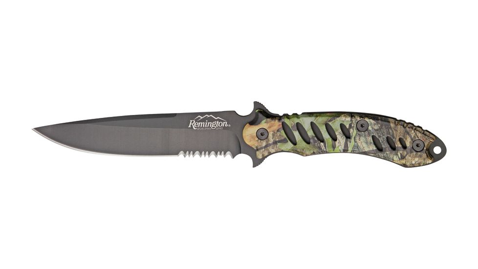 Remington FAST Fixed Knife, 440 stainless black coated partially serrated clip, MossyOak Obsession camo rubber overcoat handle R19786