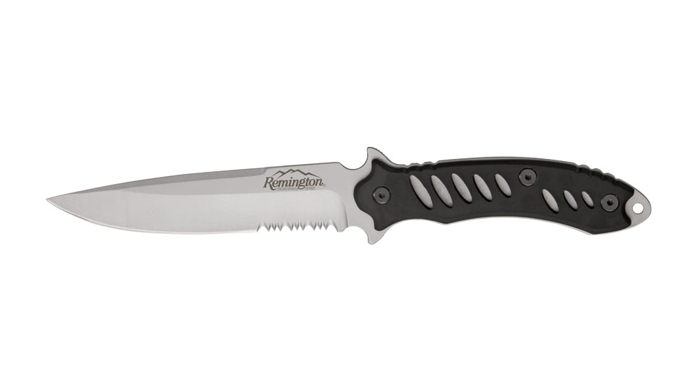 Remington FAST Fixed Knife, 440 stainless partially serrated clip point matte , Black rubber overcoat handle R19785