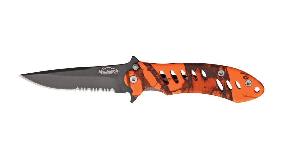 Remington Medium FAST Fold Knife, 440 stainless partially serrated clip point black , MossyOak Blaze camo rubber R19771