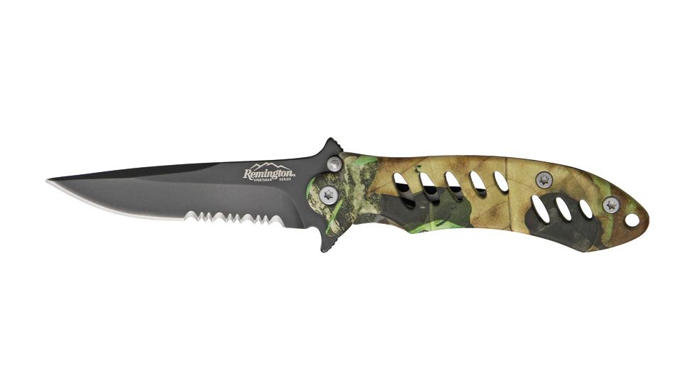 Remington Medium FAST Fold Knife, 440 stainless partially serrated clip point black , MossyOak Obsession R19068