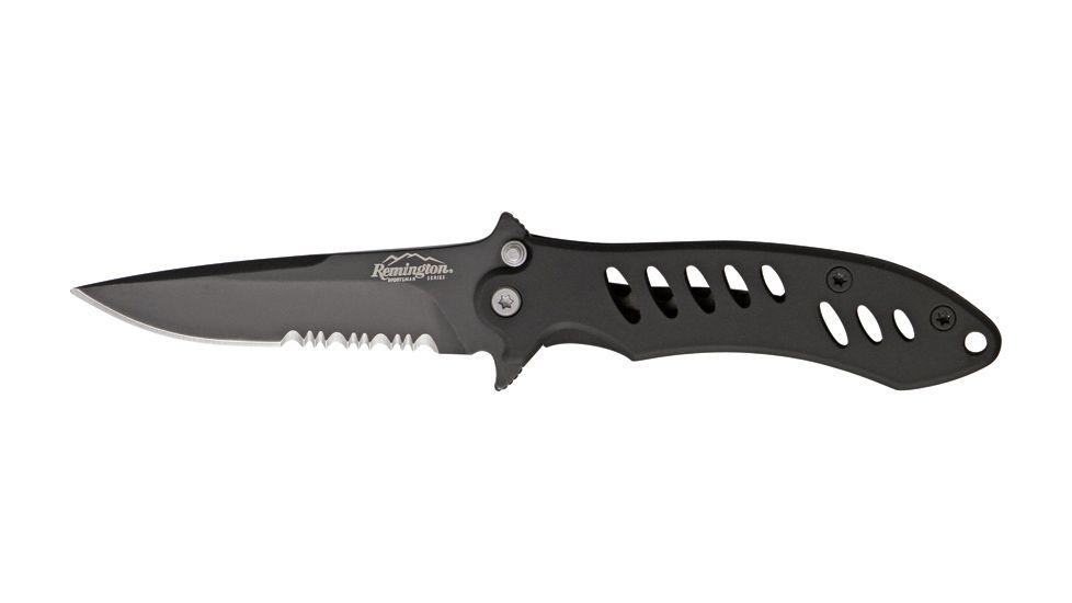 Remington Medium FAST Fold Knife, 440 stainless partially serrated clip point black , rubber overcoat R19072