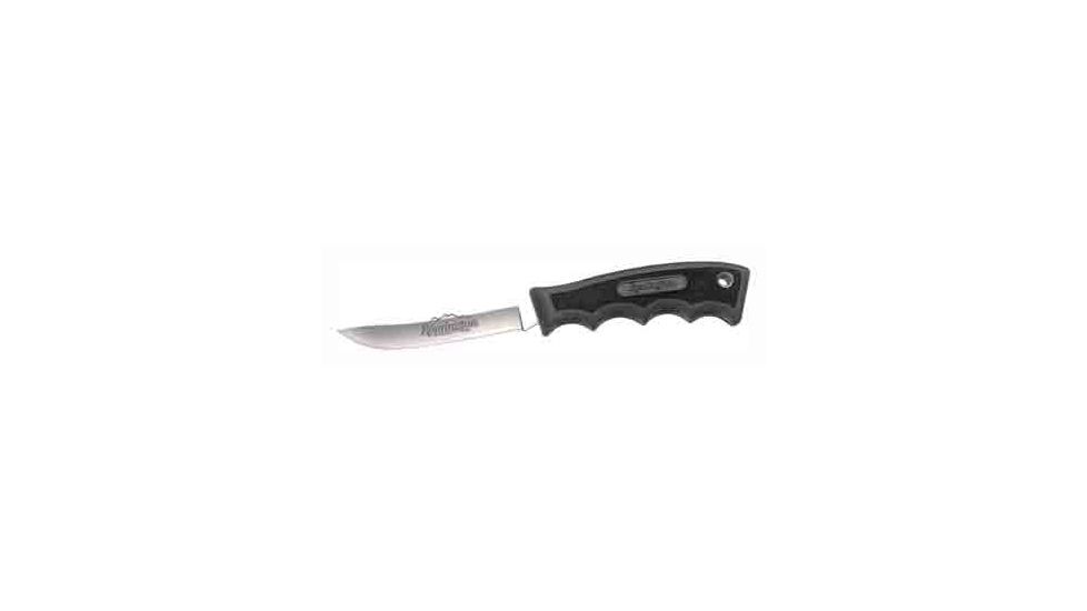 Remington Sportsman Fixed 8in Knife, stainless skinning blade, black checkered finger grooved handle R18192