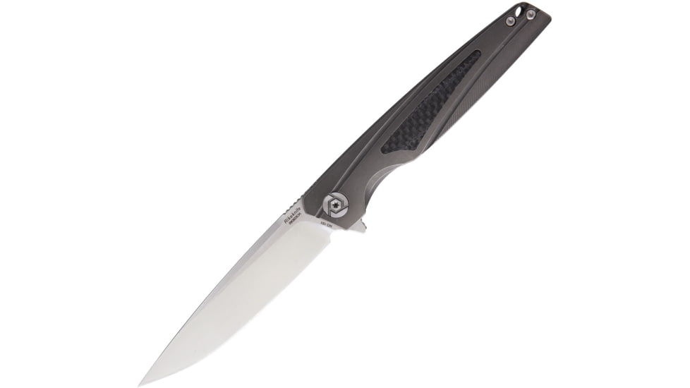 Rike Knife 803 Kwaiken Framelock Folding Knife, 3.5in Satin Bohler M390 SS Drop Point, Gray Anodized Titanium Handle With Carbon Fiber Inlay, Pocket Clip, Black Nylon Case, RK803CH-DG