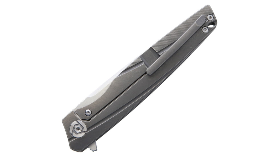 Rike Knife 803 Kwaiken Framelock Folding Knife, 3.5in Satin Bohler M390 SS Drop Point, Gray Anodized Titanium Handle With Carbon Fiber Inlay, Pocket Clip, Black Nylon Case, RK803CH-DG