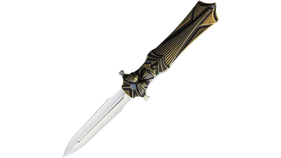 Rike Knife Amulet Linerlock Gold Folding Knife, 3.75 mirror finish double edge Bohler M390 stainl, Black and gold sculpted titanium handle, RKAMULETBG