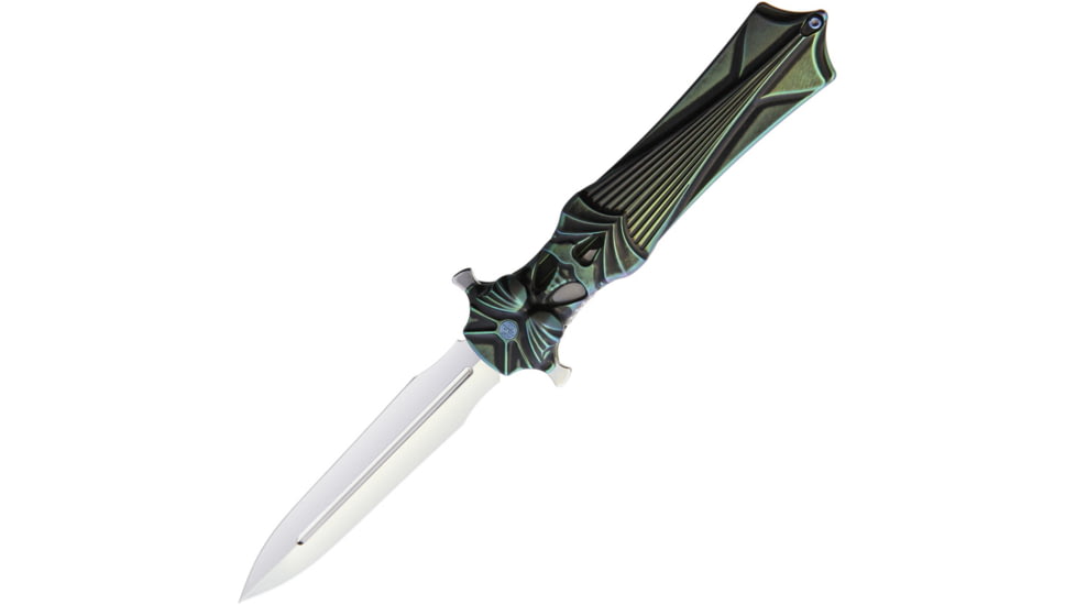 Rike Knife Amulet Linerlock Green Folding Knife, 3.75 mirror finish double edge Bohler M390 stainl, Black and green sculpted titanium handle, RKAMULETBGR