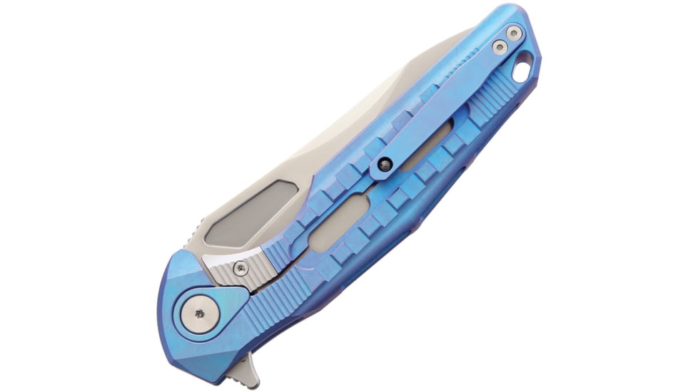 Rike Knife Thor 3 M390 Blade Framelock Folding Pocket Folding Knife, 4in Bead Blast Finish Bohler M390 SS Blade, Blue Anodized Titanium Handle, Brown Leather Sleeve, Case, THOR3 / BLUE