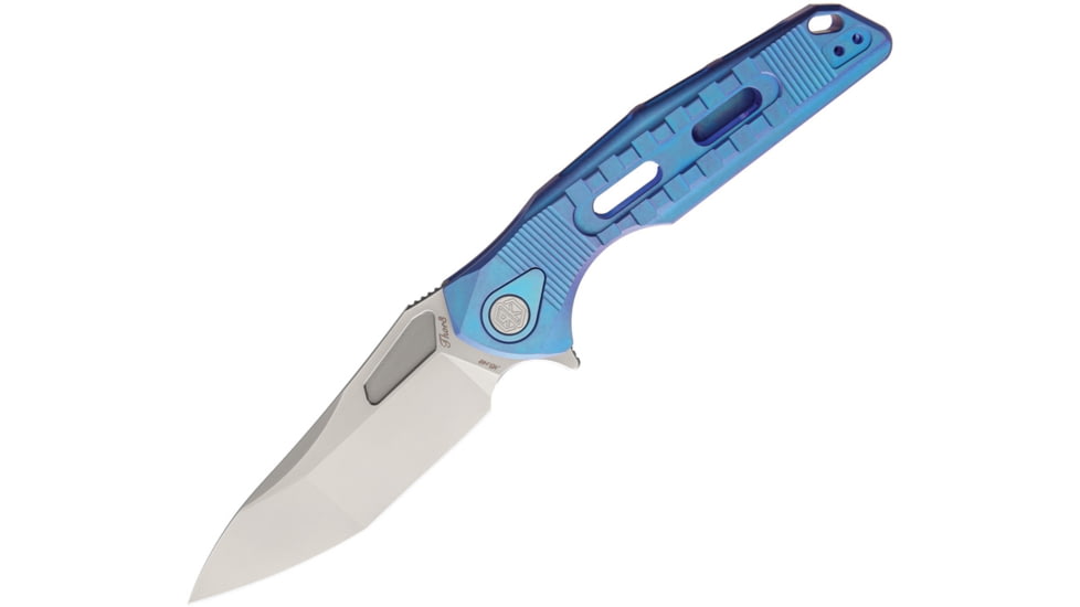 Rike Knife Thor 3 M390 Blade Framelock Folding Pocket Folding Knife, 4in Bead Blast Finish Bohler M390 SS Blade, Blue Anodized Titanium Handle, Brown Leather Sleeve, Case, THOR3 / BLUE