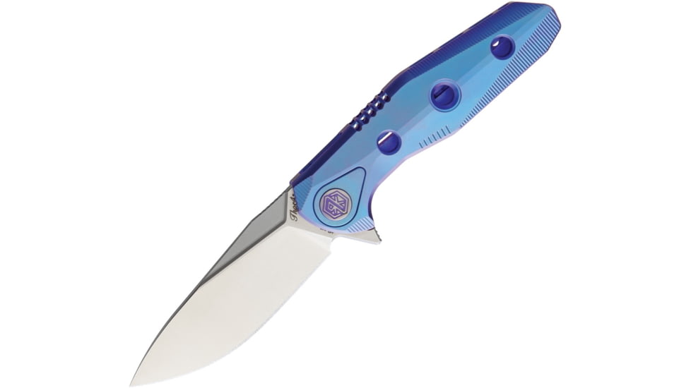 Rike Knife Thor 4 M390 Blade Framelock Folding Pocket Folding Knife, 2.5in Satin Bohler M390 SS Drop Point, Blue Anodized Titanium Handle, Pocket Clip, Brown Leather Sleeve, THOR4S-BLUE