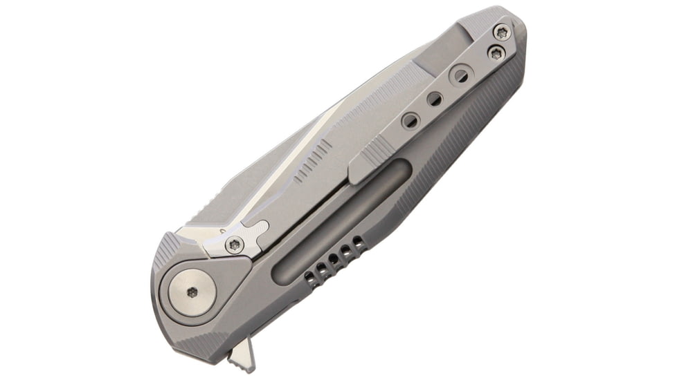 Rike Knife Thor 4 M390 Blade Framelock Folding Pocket Folding Knife, 2.5in Satin Bohler M390 SS Drop Point, Gray Titanium Handle, Pocket Clip, Brown Leather Sleeve, Black Nylon Case, THOR4S