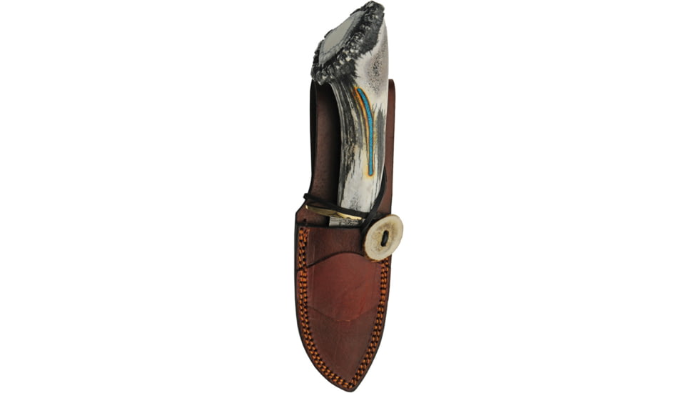 Rite Edge Guthook Elk Fixed Blade Knife, 10.5in Overall, 4.5in Damascus Steel Guthook Blade, Elk Stag Handle, Leather Sheath, RU-EKDMBL2