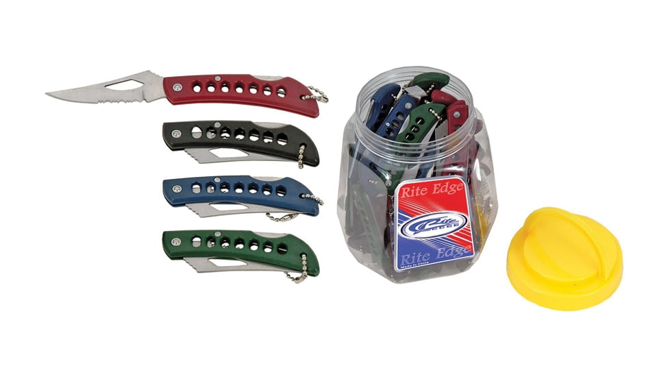 Rite Edge Lockback 36 Pc Assortment Folding Knife, 2.5in Satin SS Clip Point, Synthetic Handle, Nine Of Each Handle Color Black, Green, Red, Blue, Comes In Plastic Countertop Display Jar, 210110-36
